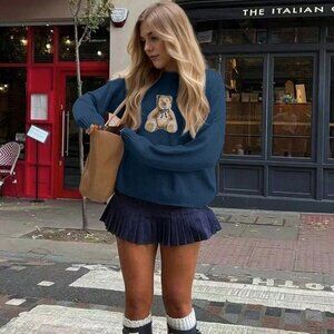 Dark Blue Casual Womens Cute Cartoon Bear Round Neck Long Sleeve Knitted Sweater
